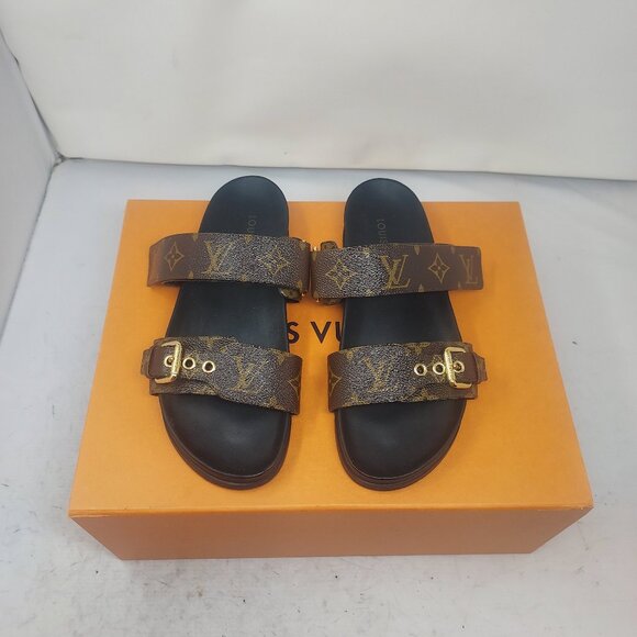 LOUIS VUITTON Brown LV Monogram Bom Dia Flat Slide Sandal - Picture 1 of 13
